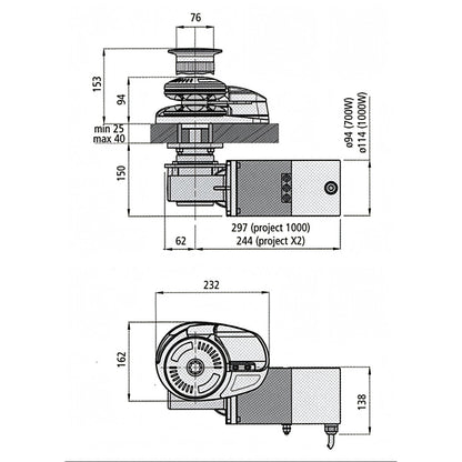 Verricello Lofrans X2 senza campana, disegno tecnico con dimensioni