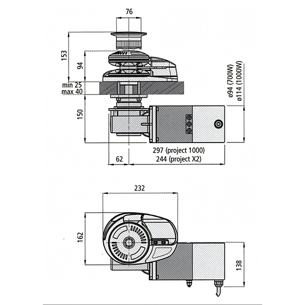 Verricello Lofrans X2, disegno tecnico con dimensioni di ingombro