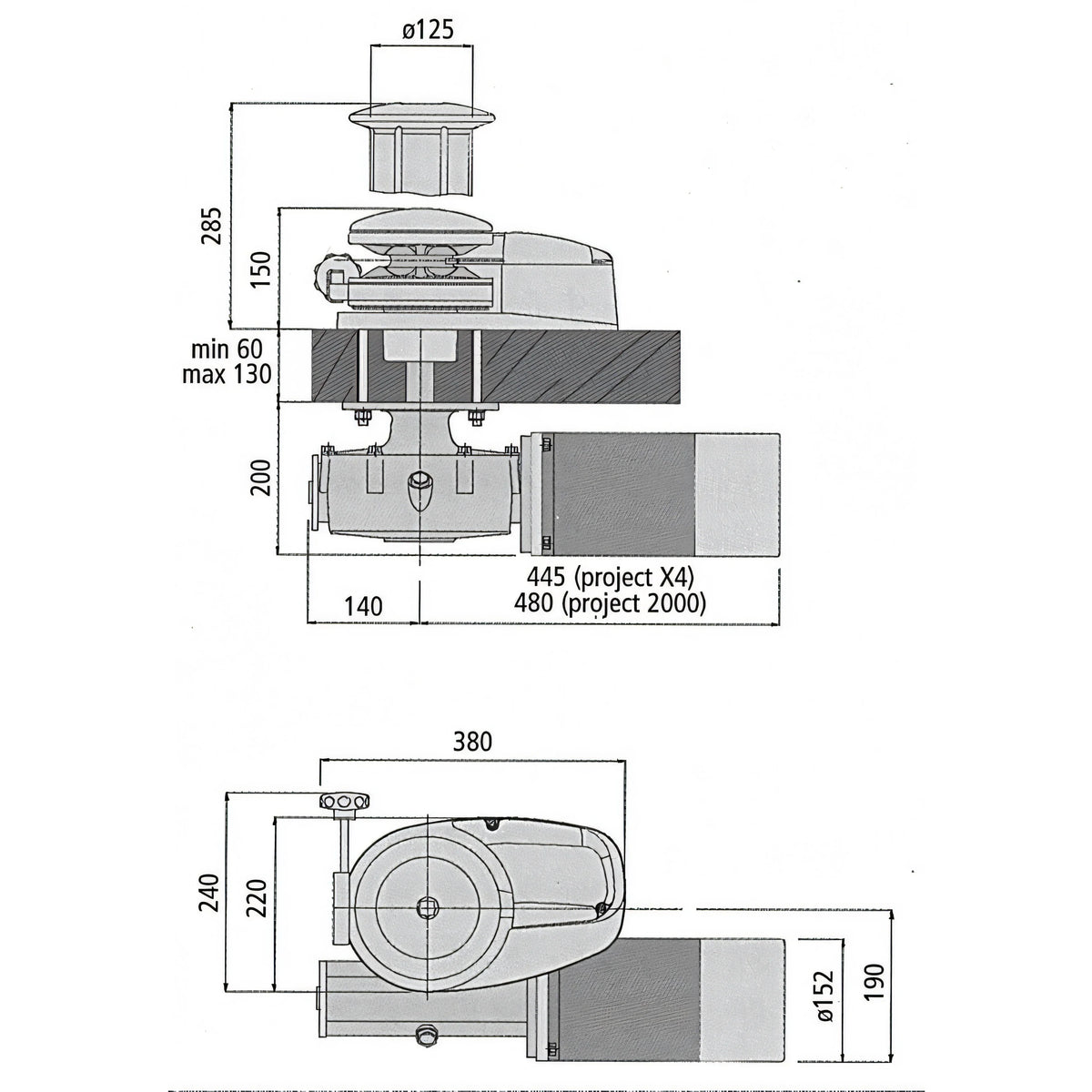 Verricello Lofrans X4, disegno tecnico con dimensioni
