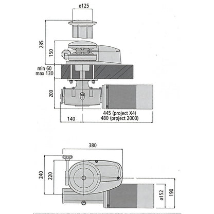 Verricello Lofrans X4, disegno tecnico con dimensioni
