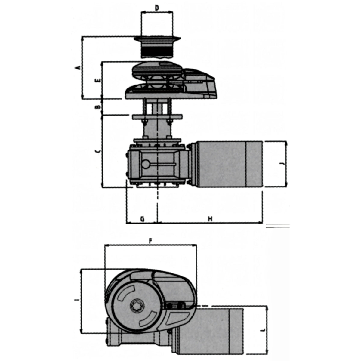 Verricello Lofrans X2 alluminio, disegno tecnico con dimensioni