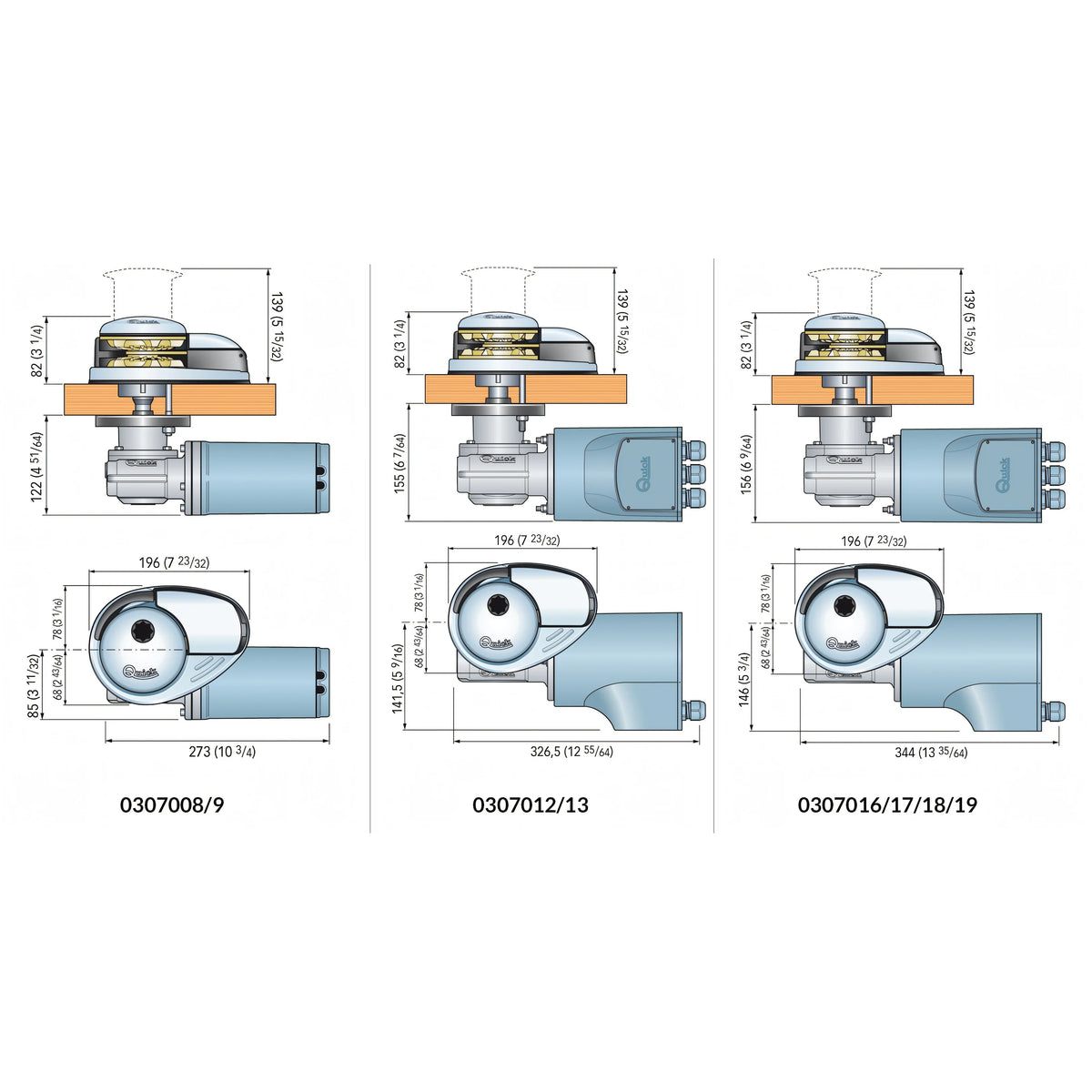 Verricello Quick DP2 con campana, disegno tecnico con dimensioni di ingombro
