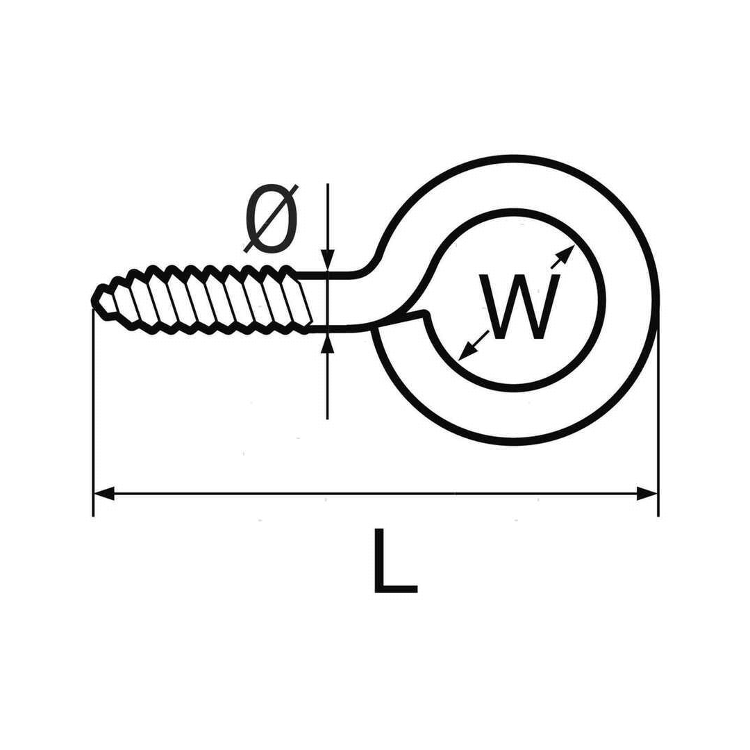 Scheda tecnica occhiolo a vite in acciaio inox A4 con dimensioni L, Ø e W