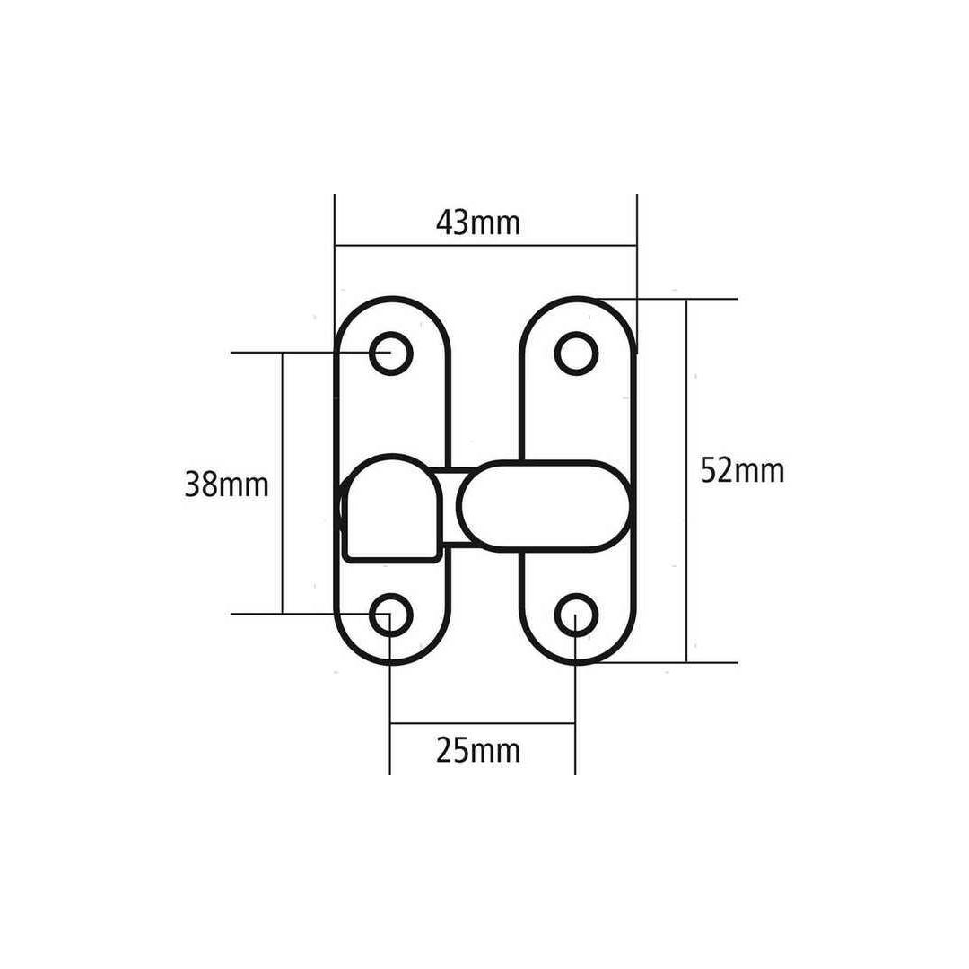 Scheda tecnica chiusura a tavella ottone cromato con dimensioni 43x52mm e interasse 25mm