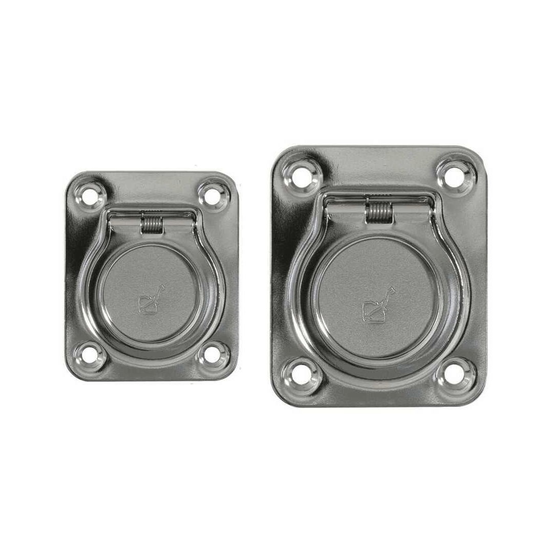 Coppia maniglie alzapaglioli a incasso in acciaio inox lucido con anello ribaltabile, misure diverse