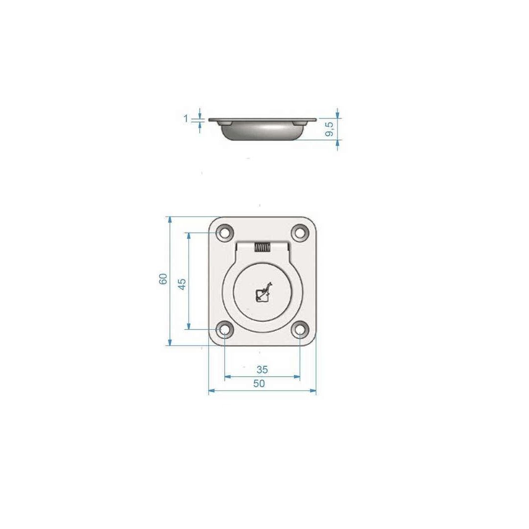 Scheda tecnica maniglia inox a incasso alzapaglioli 50x60mm con quote dimensionali e vista dall'alto