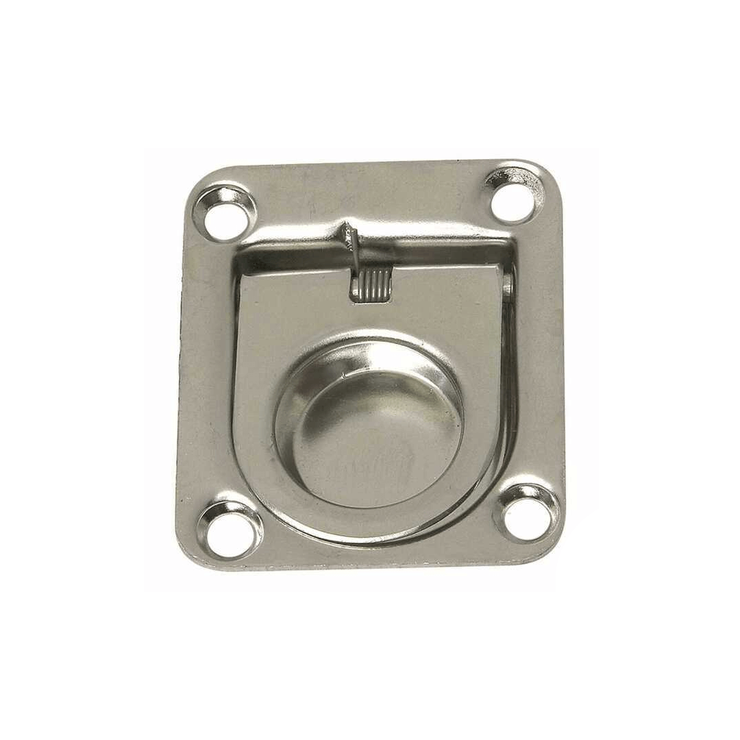 Maniglia alzapaglioli a incasso in acciaio inox argento, forma quadrata 38x40mm con anello e pulsante centrale