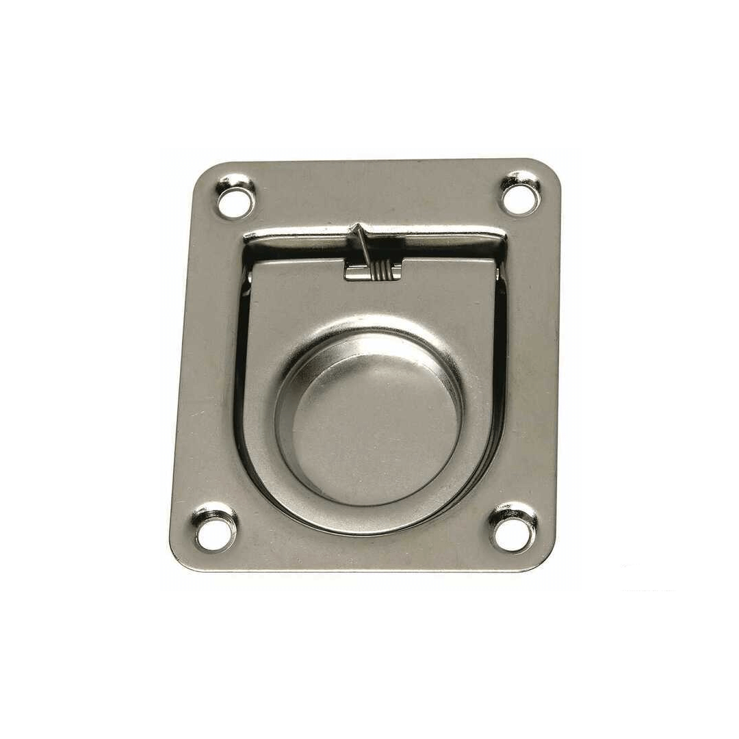 Maniglia alzapaglioli a incasso in acciaio inox lucido, piastra quadrata 55x65 mm con anello e 4 fori viti