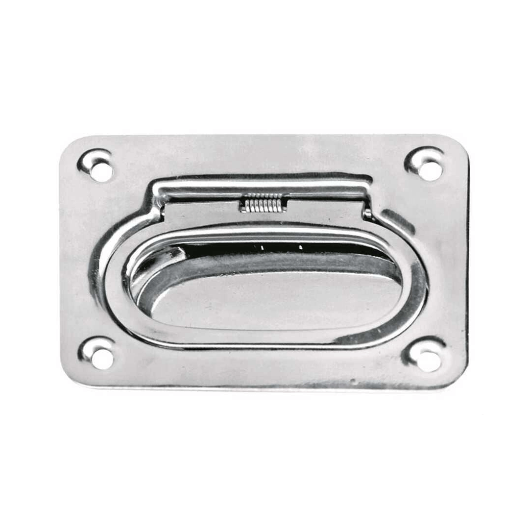 Maniglia a incasso in acciaio inox lucido con anello ovale e molla, piastra rettangolare 57x76 mm
