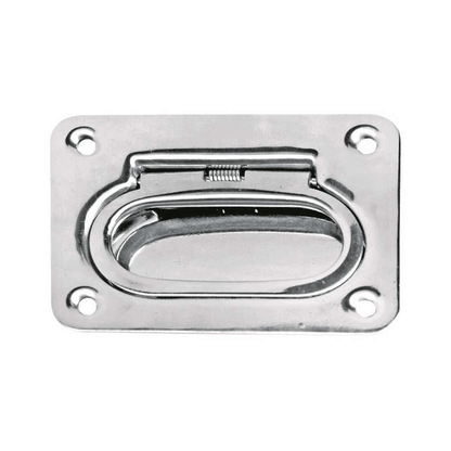 Maniglia a incasso in acciaio inox lucido con anello ovale e molla, piastra rettangolare 57x76 mm