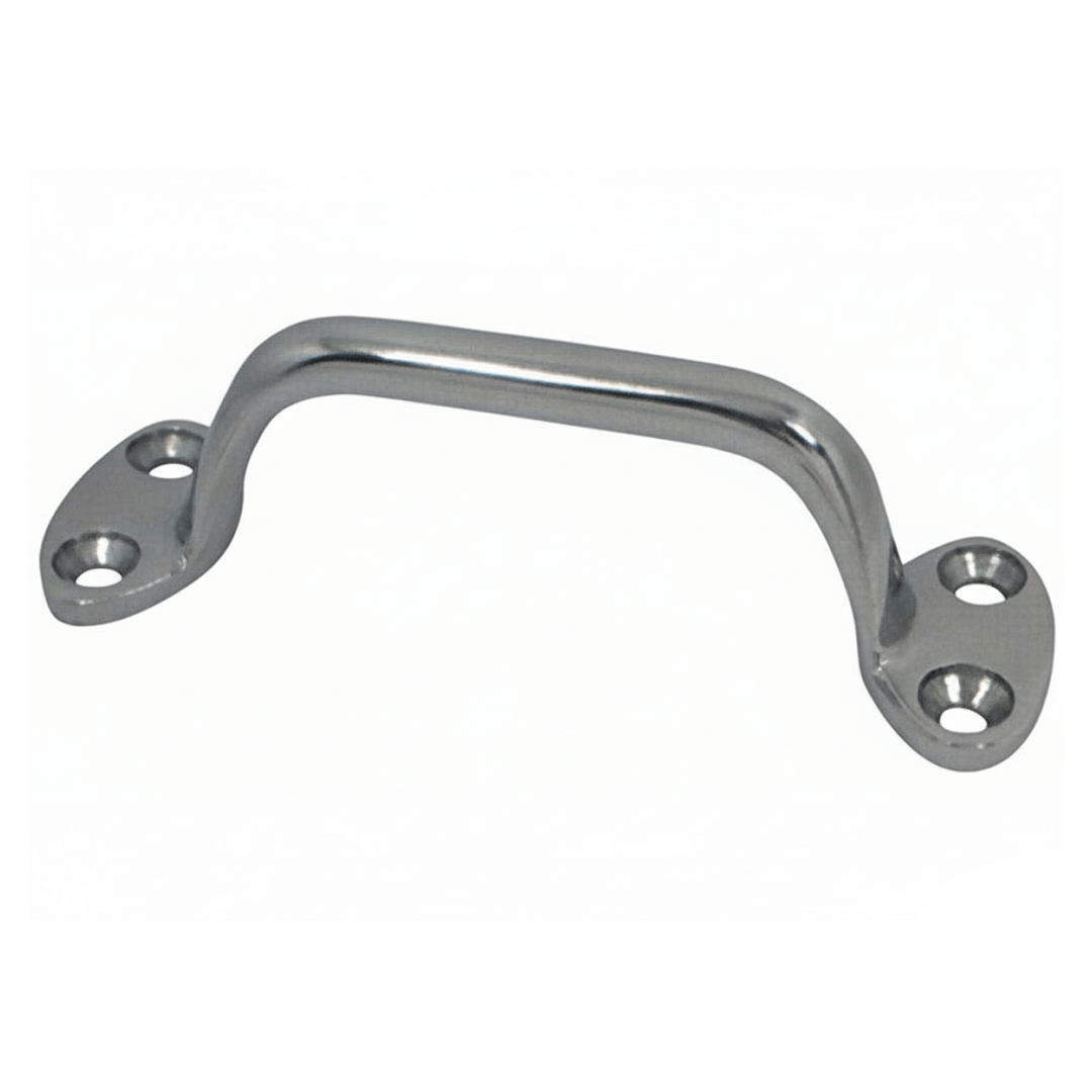 Maniglietta in acciaio inox lucido 140 mm con due basi ovali forate per fissaggio a vite