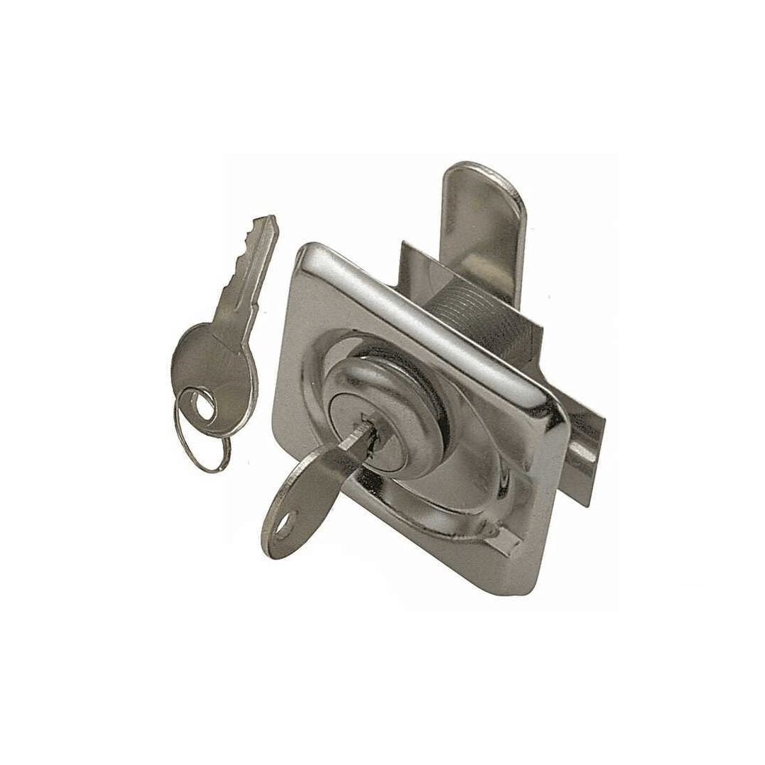 Serratura a pressione con chiave in acciaio inox cromato, piastra quadrata 50x55mm con leva girevole