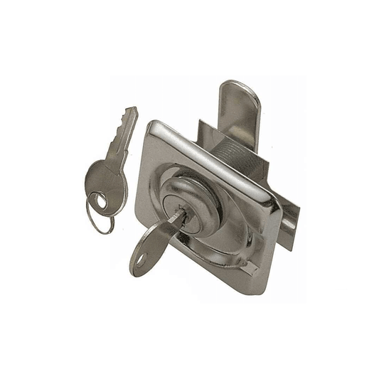 Serratura a pressione con chiave in acciaio inox cromato, piastra quadrata 50x55mm con leva girevole