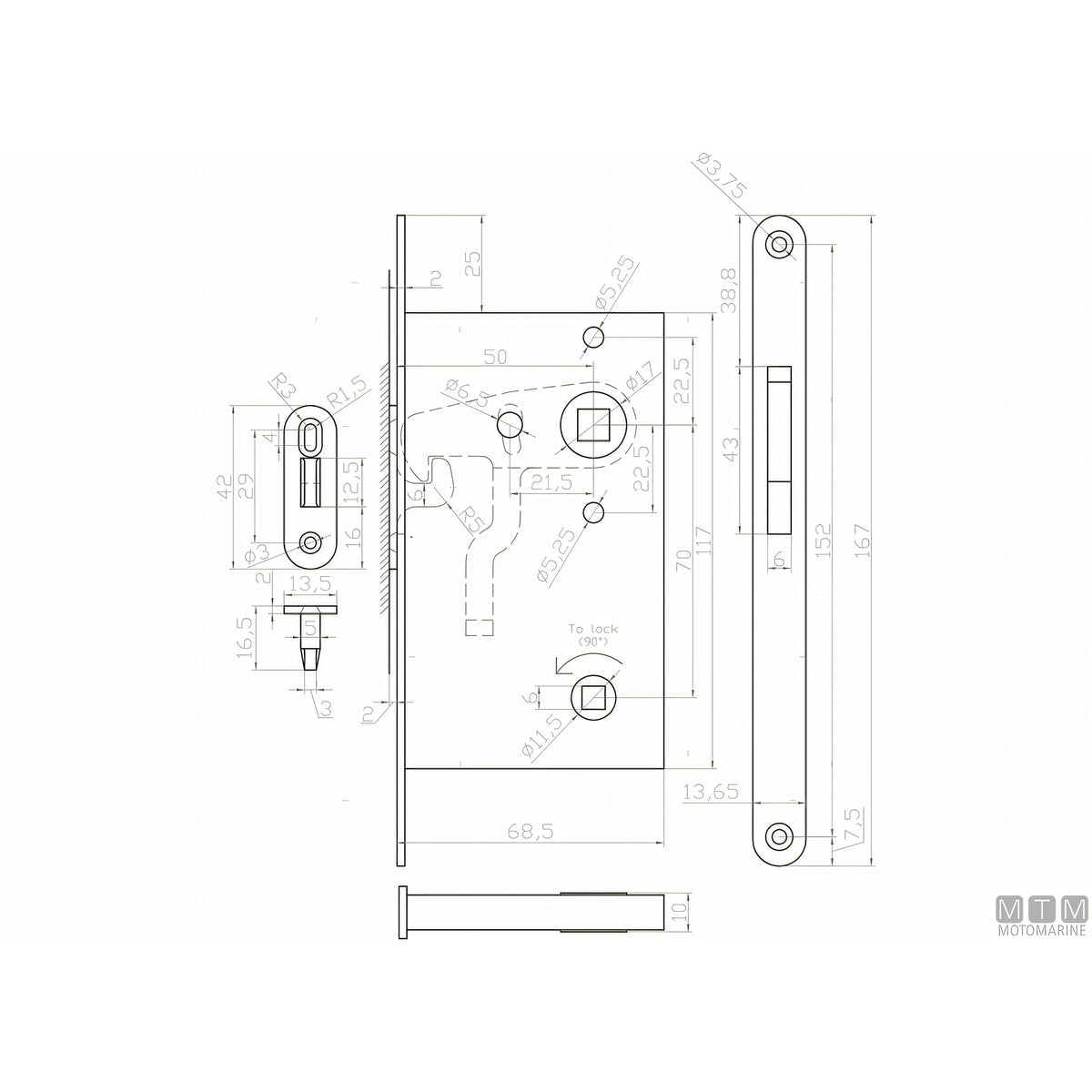 Motomarine serratura per porte scorrevoli in acciaio inox — Quadro maniglia 8x8 mm