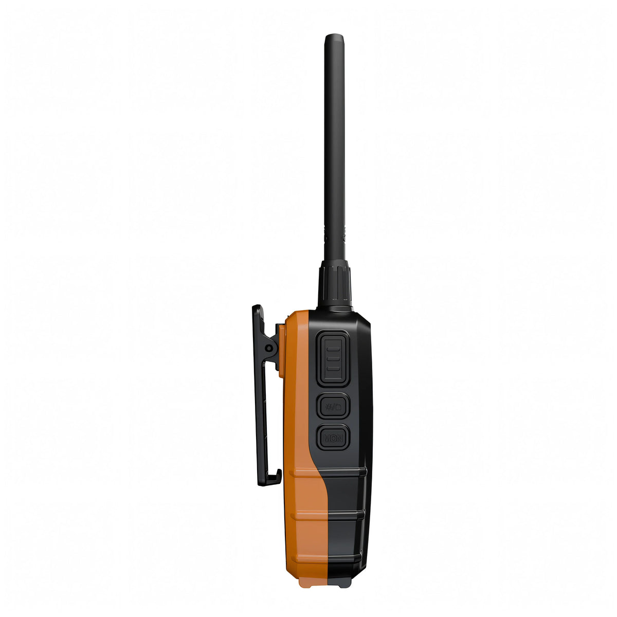 Radio VHF portatile Cobra Marine BlueBound 150E nera vista laterale con banda arancione
