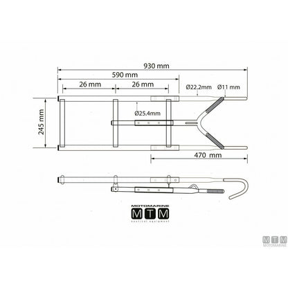 Disegno quotato della scaletta Motomarine a 3 gradini in acciaio inox: 930 mm fuori tutto, larghezza 245 mm, tubo Ø 22,2 mm