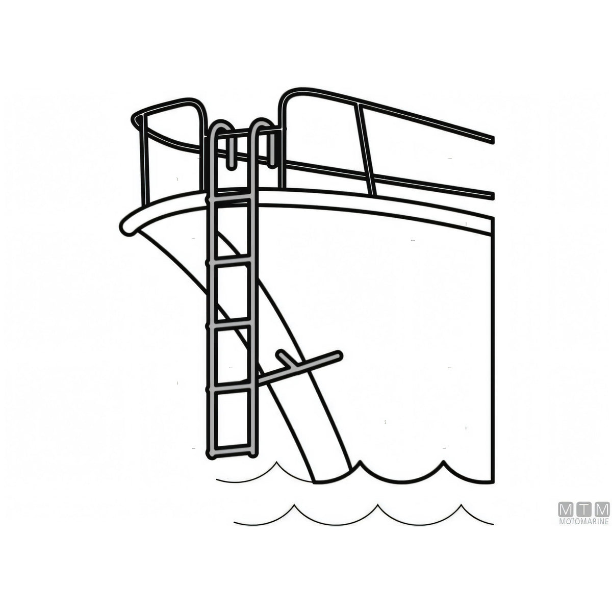 Schema di montaggio della scaletta Motomarine agganciata al pulpito di prua, acciaio inox AISI 316