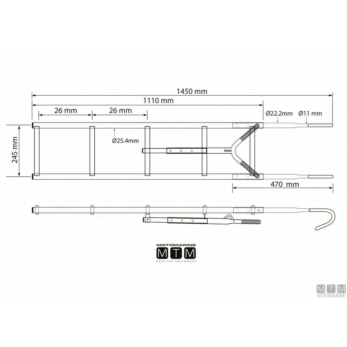 Disegno quotato della scaletta Motomarine a 5 gradini in acciaio inox: 1450 mm fuori tutto, larghezza 245 mm