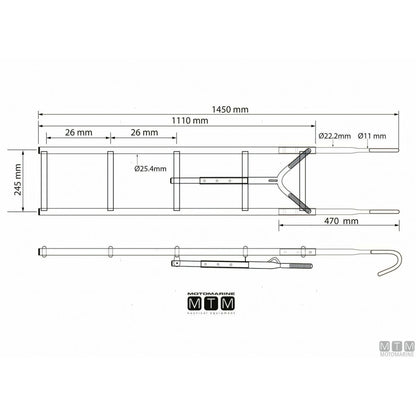 Disegno quotato della scaletta Motomarine a 5 gradini in acciaio inox: 1450 mm fuori tutto, larghezza 245 mm