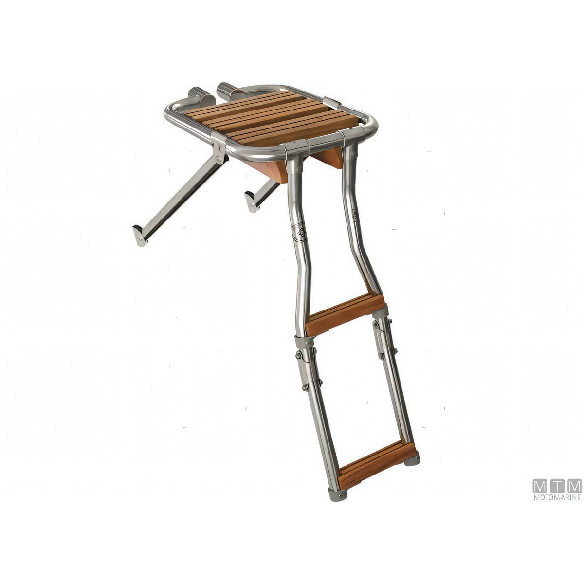 Plancetta Motomarine Tinox S in acciaio inox e legno Doussie con la scaletta a 2 gradini aperta