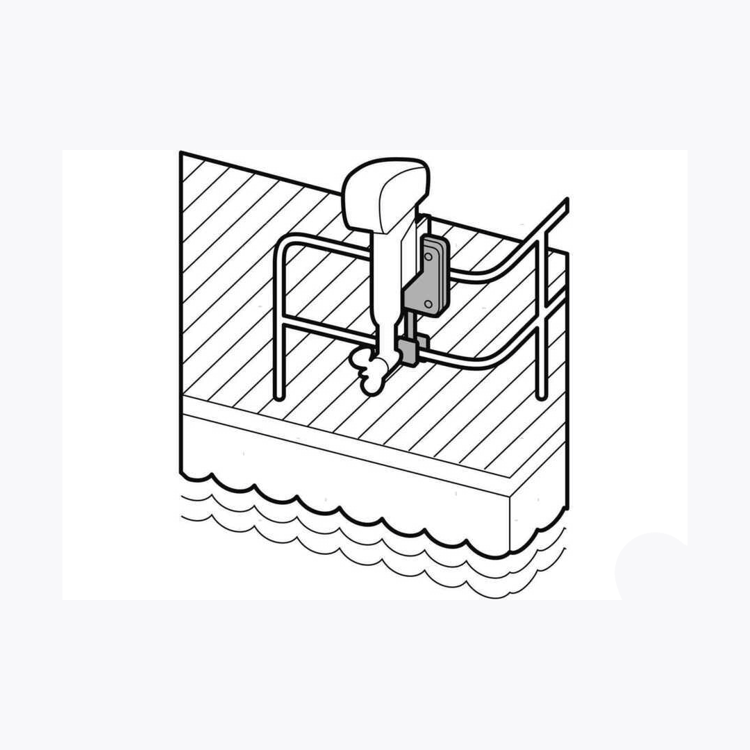 Supporto motore fuoribordo a battagliola per motori fino a 10 hp su pontile, illustrazione tecnica in bianco e nero