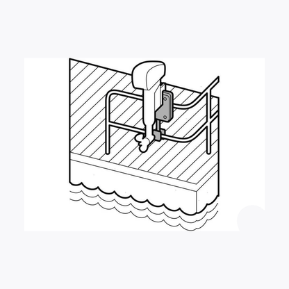 Supporto motore fuoribordo a battagliola per motori fino a 10 hp su pontile, illustrazione tecnica in bianco e nero