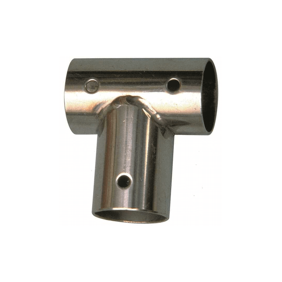 Giunto T 90° in acciaio inox lucido a tre vie con fori per spine, raccordo tubolare nautico