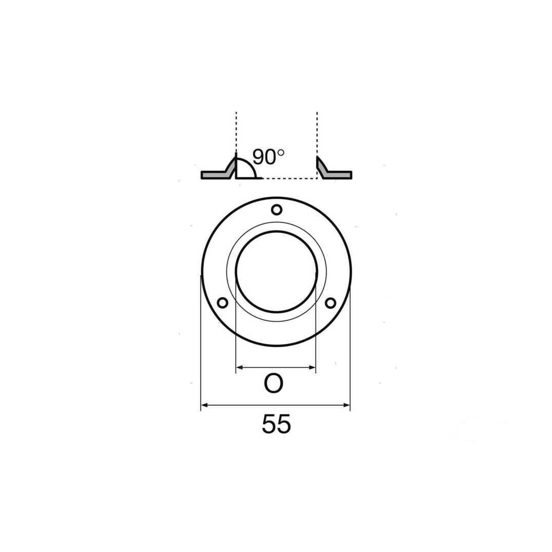 Scheda tecnica base a saldare tonda 90° acciaio inox AISI 316, diametro 55mm, vista frontale e laterale