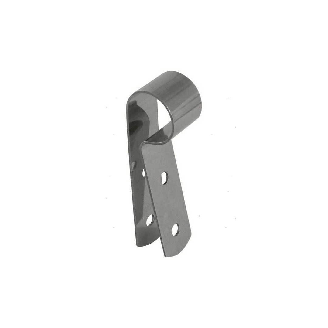 Fascetta inox Ø 25 mm a stringere con clip semicircolare e piastra forata a 3 fori