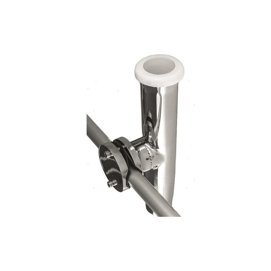 Supporto portacanna in acciaio inox cromato con morsetto regolabile montato su tubo, inserto bianco