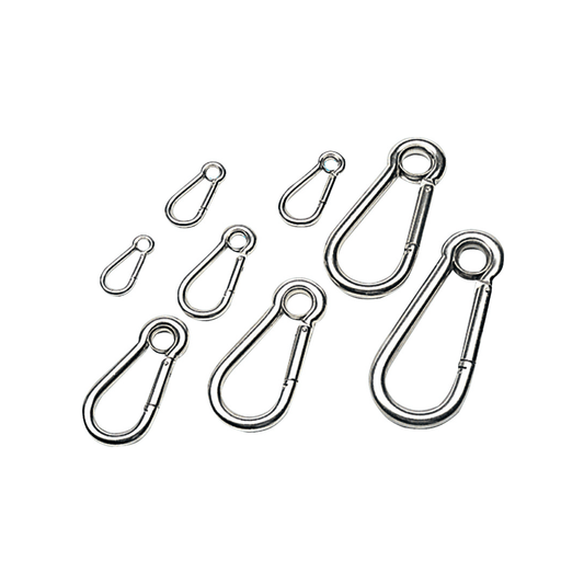 Moschettoni con occhio in acciaio inox argento, varie misure, forma a goccia con ghiera