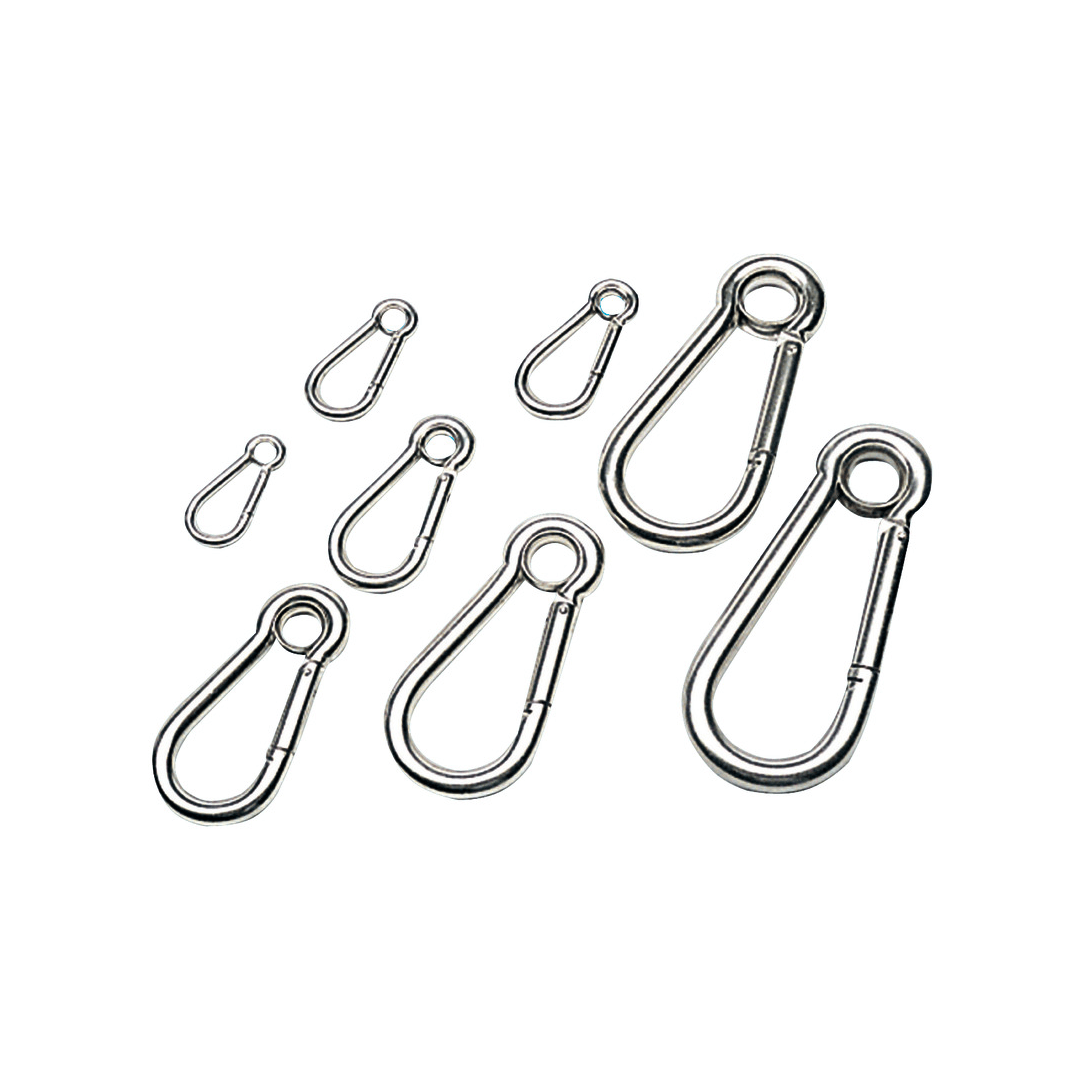 Moschettoni con occhio in acciaio inox argento, varie misure, forma a goccia con ghiera