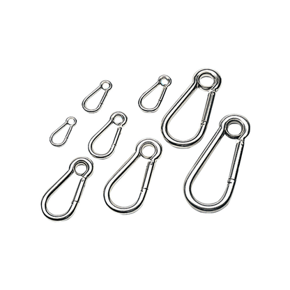 Moschettoni con occhio in acciaio inox argento, varie misure, forma a goccia con ghiera