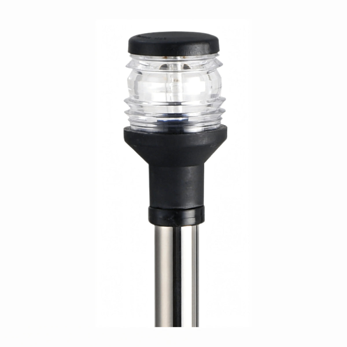 Fanale di via 360° su asta inox con luce bianca e corpo nero, visione ravvicinata