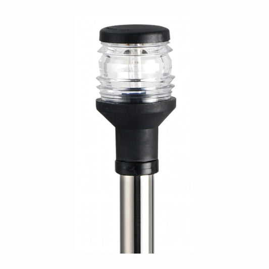 Fanale di via 360° su asta inox con luce bianca e corpo nero, visione ravvicinata