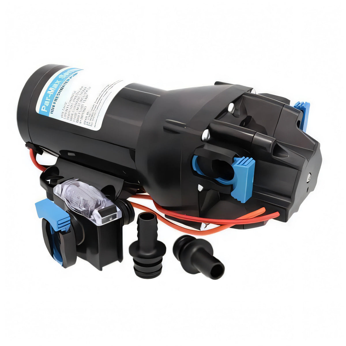 Pompa autoclave Jabsco Par-Max HD nera con raccordi blu, cavi rossi e kit connettori incluso