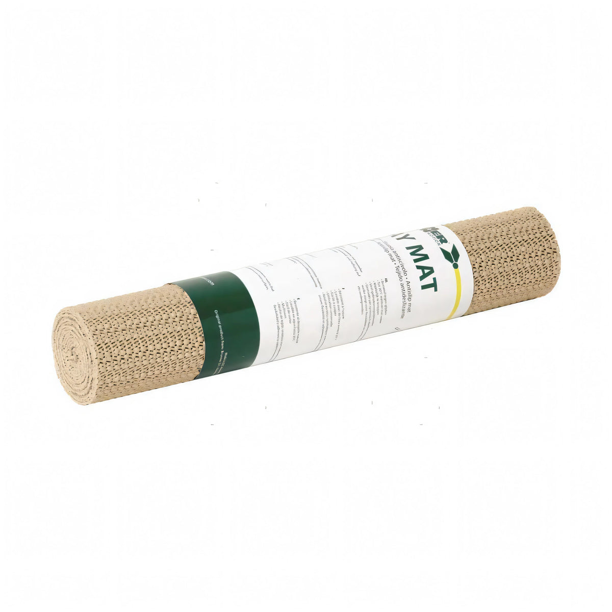 Tovaglietta antiscivolo STAY MAT color beige arrotolata con etichetta bianca e verde