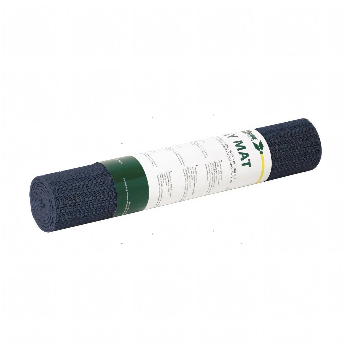 Tovaglietta antiscivolo Stay Mat arrotolata colore blu navy con etichetta bianca e verde