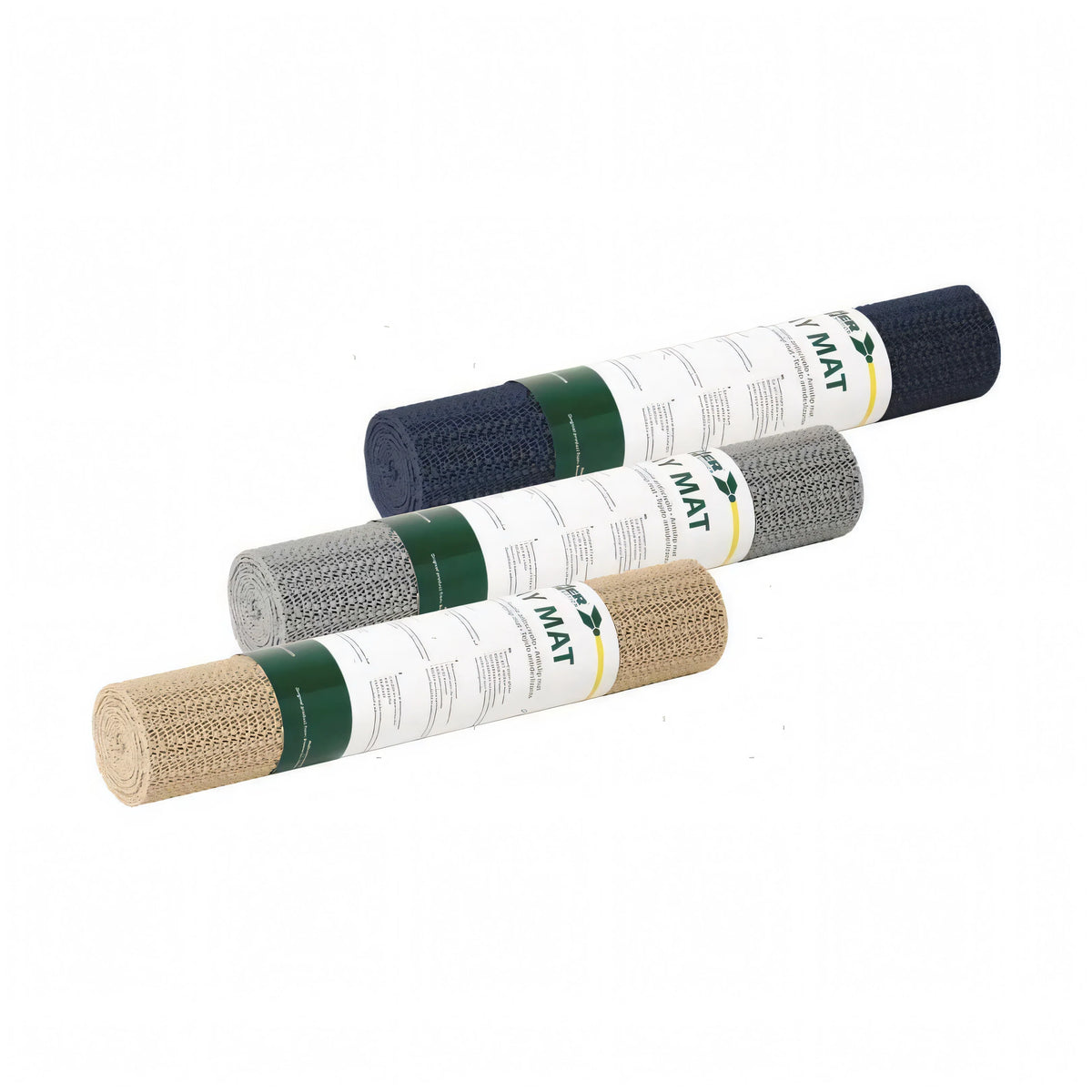 Tre rotoli tovagliette antiscivolo Stay Mat in colori navy, grigio e beige, materiale intrecciato