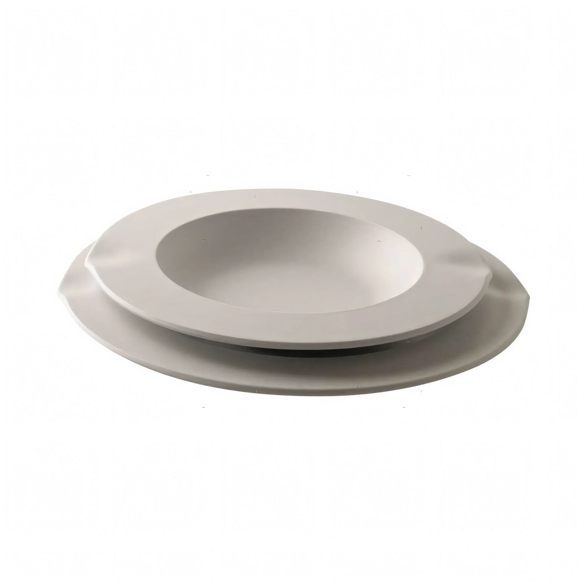 Piatti Dinner e Soup VENTI4 in melamina satinata grigio chiaro, forma ovale con bordi irregolari