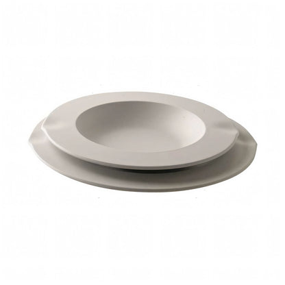 Piatti Dinner e Soup VENTI4 in melamina satinata grigio chiaro, forma ovale con bordi irregolari