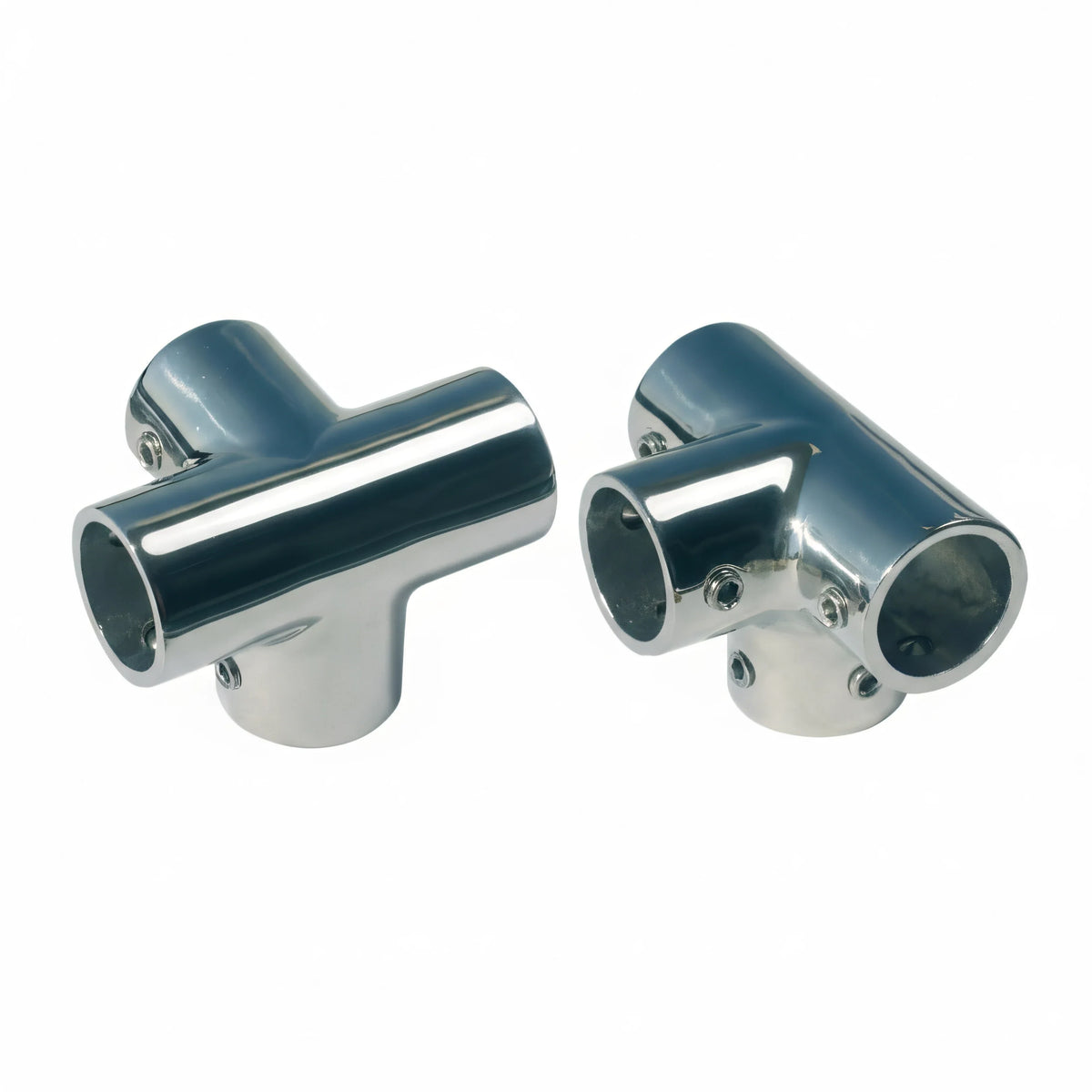 Giunti a T Ø 25 mm per pulpiti in acciaio inox AISI 316 lucidato, vista fronte e laterale