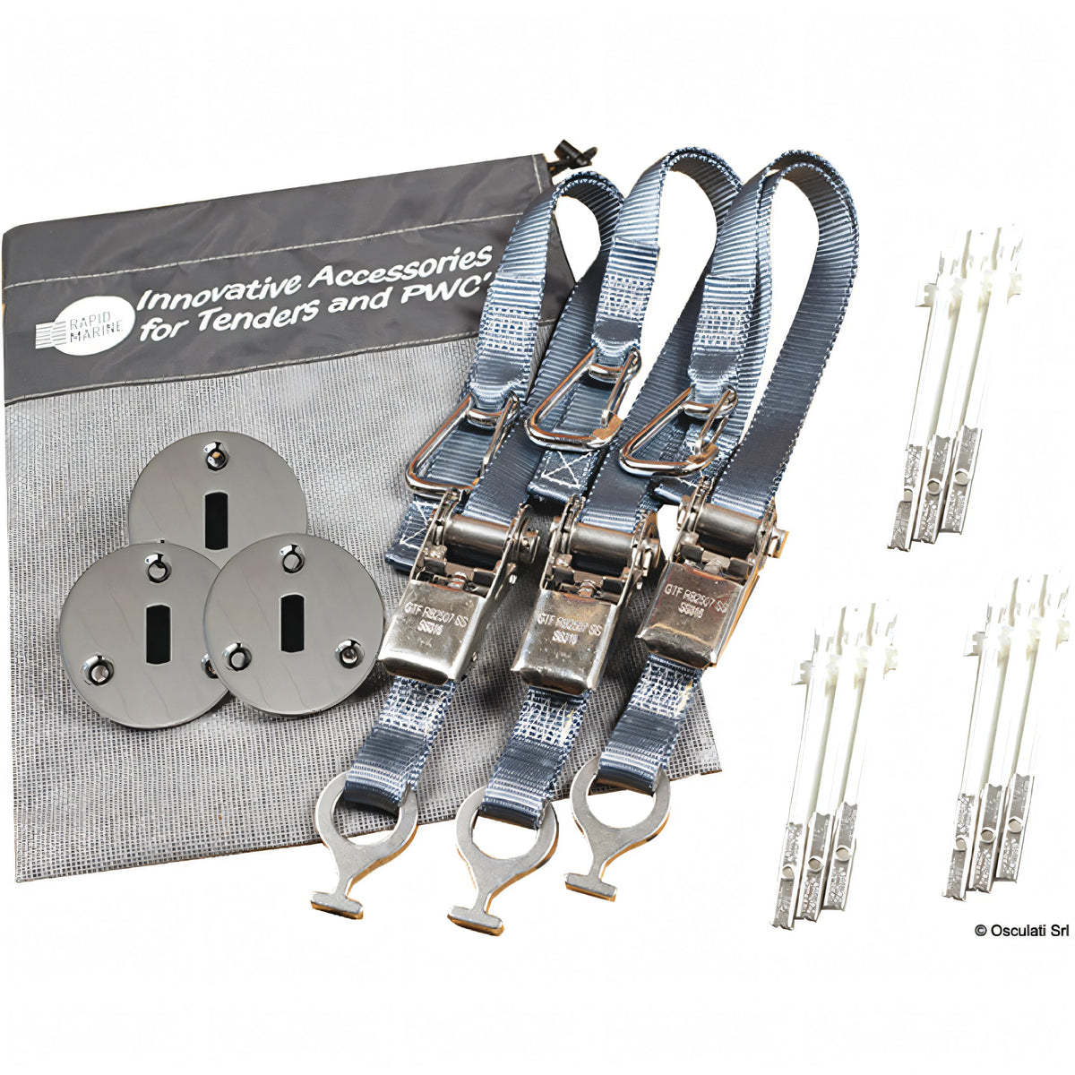 Kit cinghie fissaggio a cricchetto grigie in acciaio inox con ganci rapidi, piastre e accessori Rapid Marine