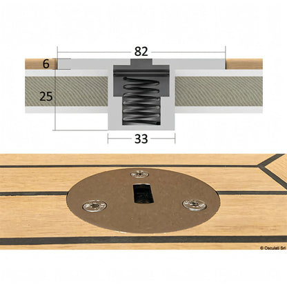 Sezione trasversale e dettaglio installazione flush lock recessato Rapid Marine in acciaio su ponte teak, dimensioni 82x33mm