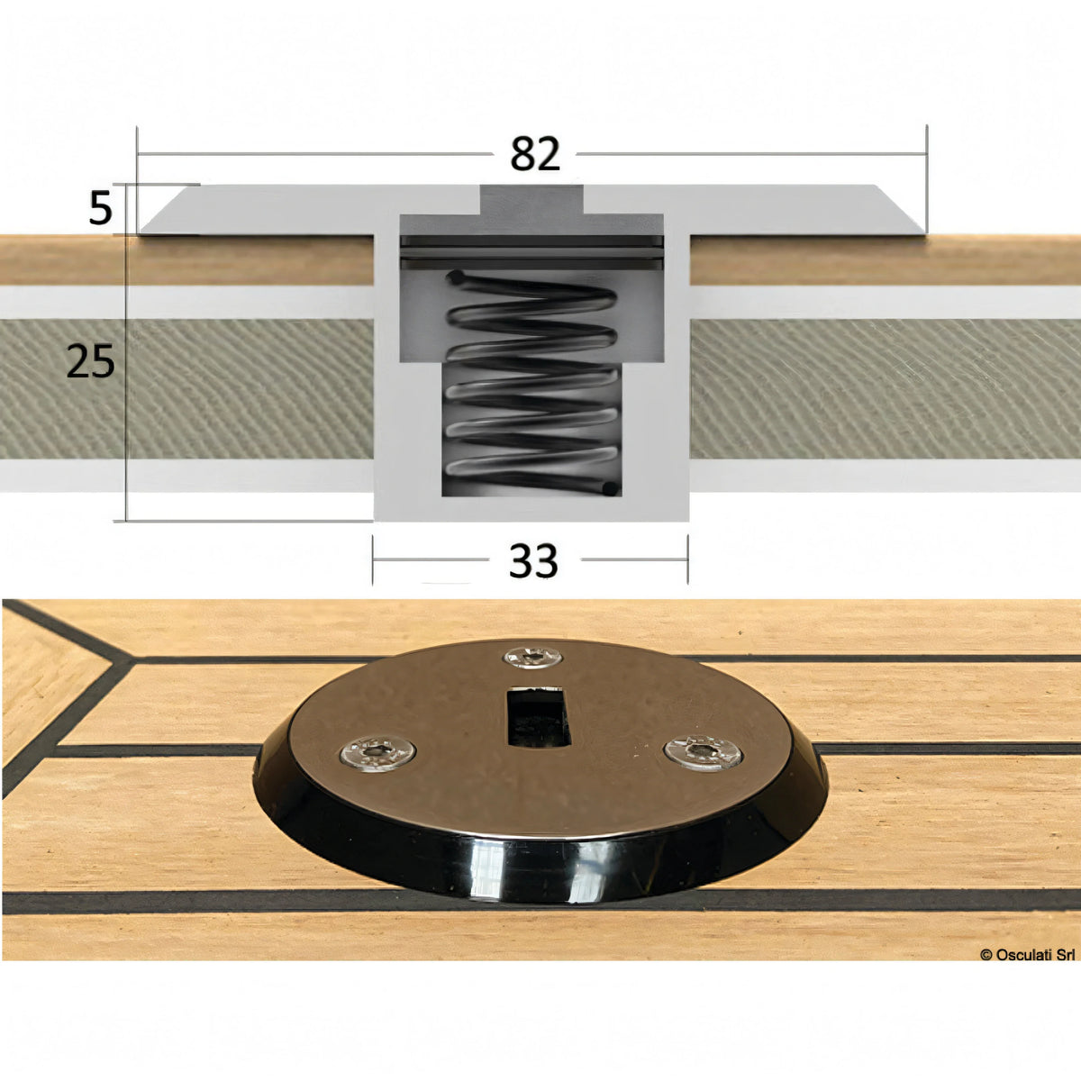 Scheda tecnica e dettaglio supporto recessato Rapid Marine in acciaio inox nero, dim. 82x33x25mm