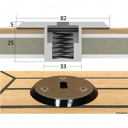 Scheda tecnica e dettaglio supporto recessato Rapid Marine in acciaio inox nero, dim. 82x33x25mm
