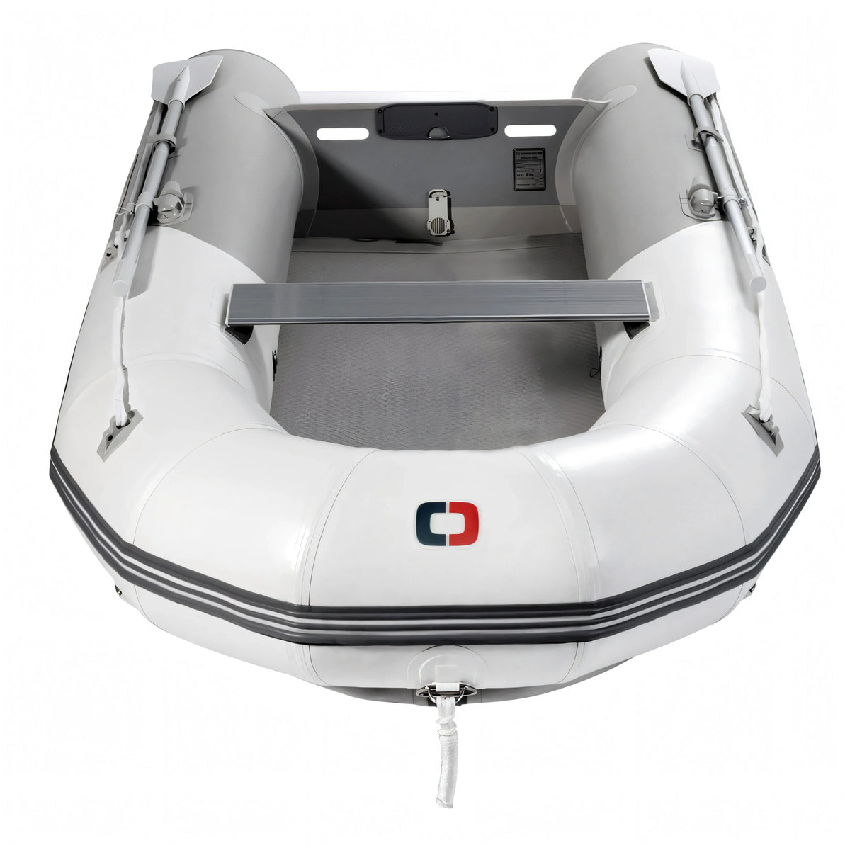 Tender gonfiabile Osculati bianco vista dall'alto con pagliolo dropstitch, sedile in legno e remi
