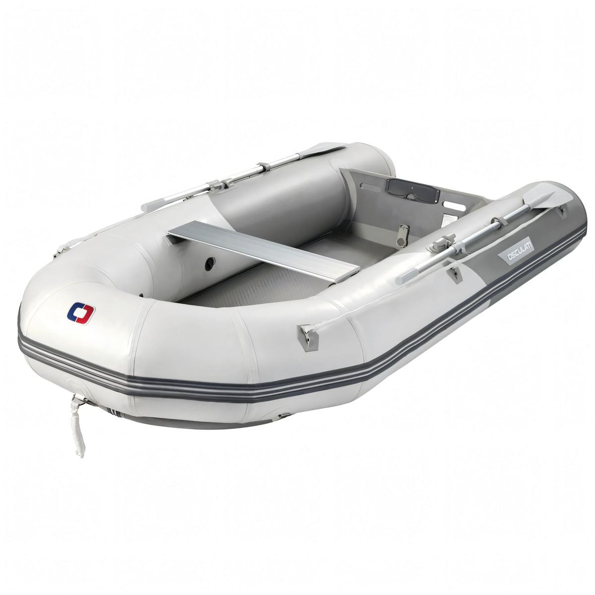 Tender Osculati grigio chiaro con pagliolo dropstitch, tubi in PVC, remi alluminio e sedile di poppa