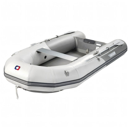 Tender Osculati grigio chiaro con pagliolo dropstitch, tubi in PVC, remi alluminio e sedile di poppa