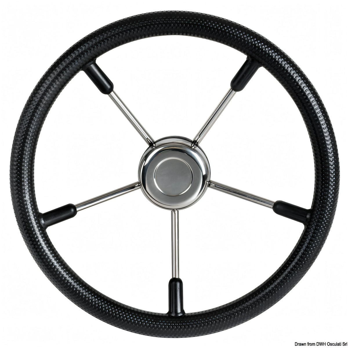 Timone nautico 5 razze in acciaio inox con corona in gomma nera antiscivolo, vista frontale